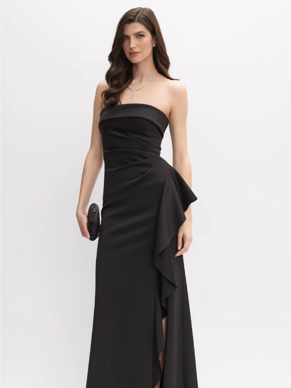 Black Strapless Evening Gown with Draped Side Cascade
